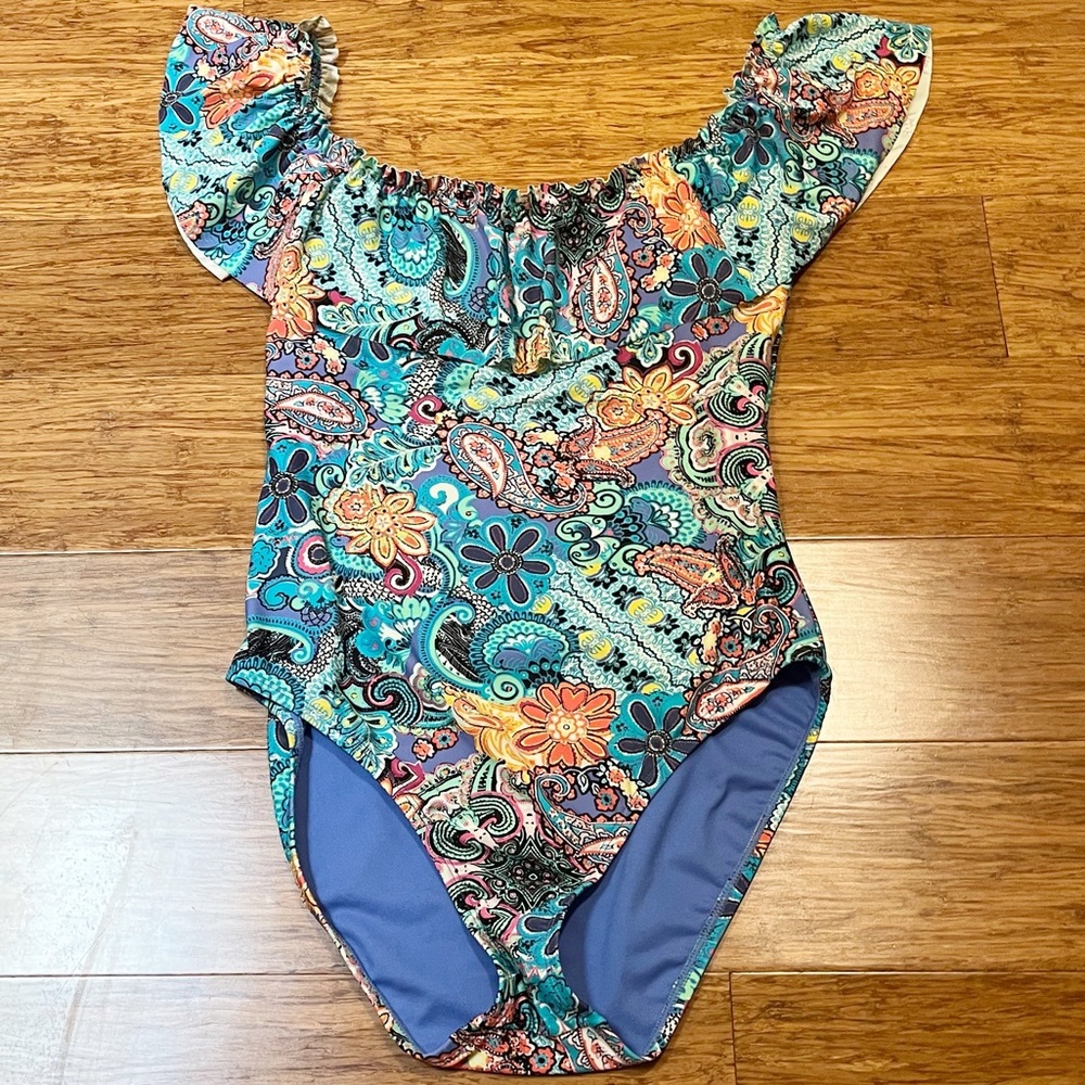 Bleu Rod Beattie Colorful Floral Paisley Ruffle Teal Blue One-Piece Swimsuit. 10 - Picture 4 of 14